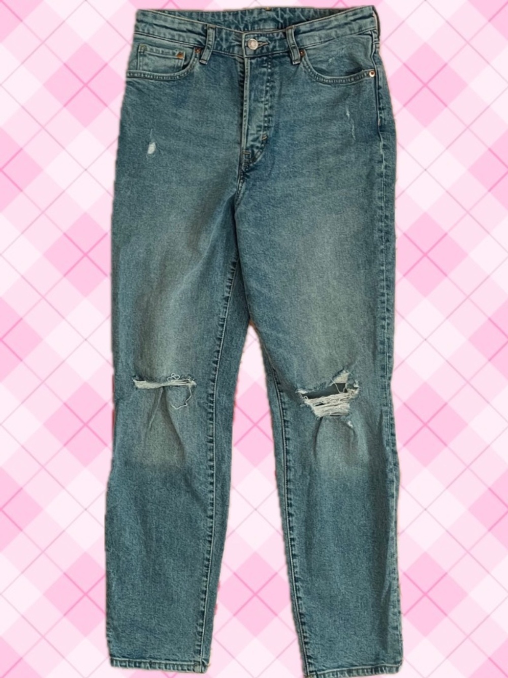 H&M Medium Wash Distressed High Rise Mom Jeans